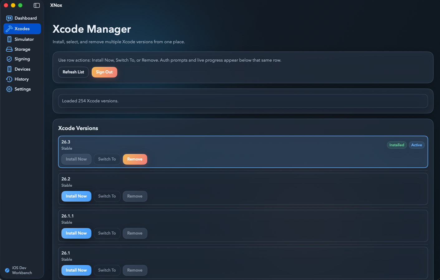 XNox macOS dashboard for managing Apple developer workflows
