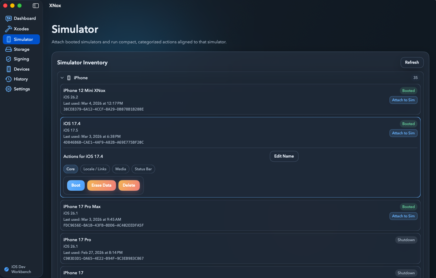 XNox workflow details view for Xcode and simulator operations