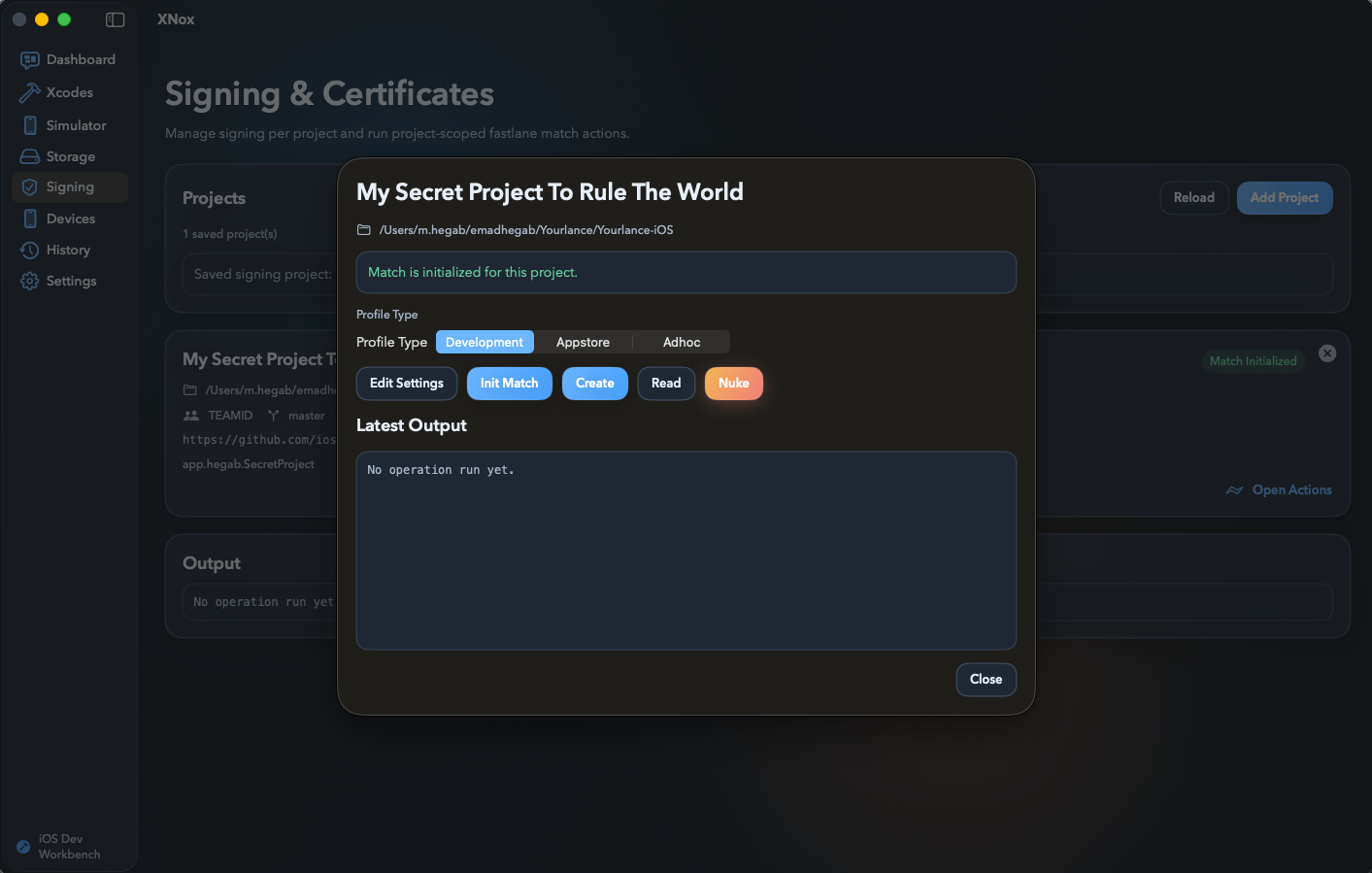 XNox automation and tools screen for Apple development tasks